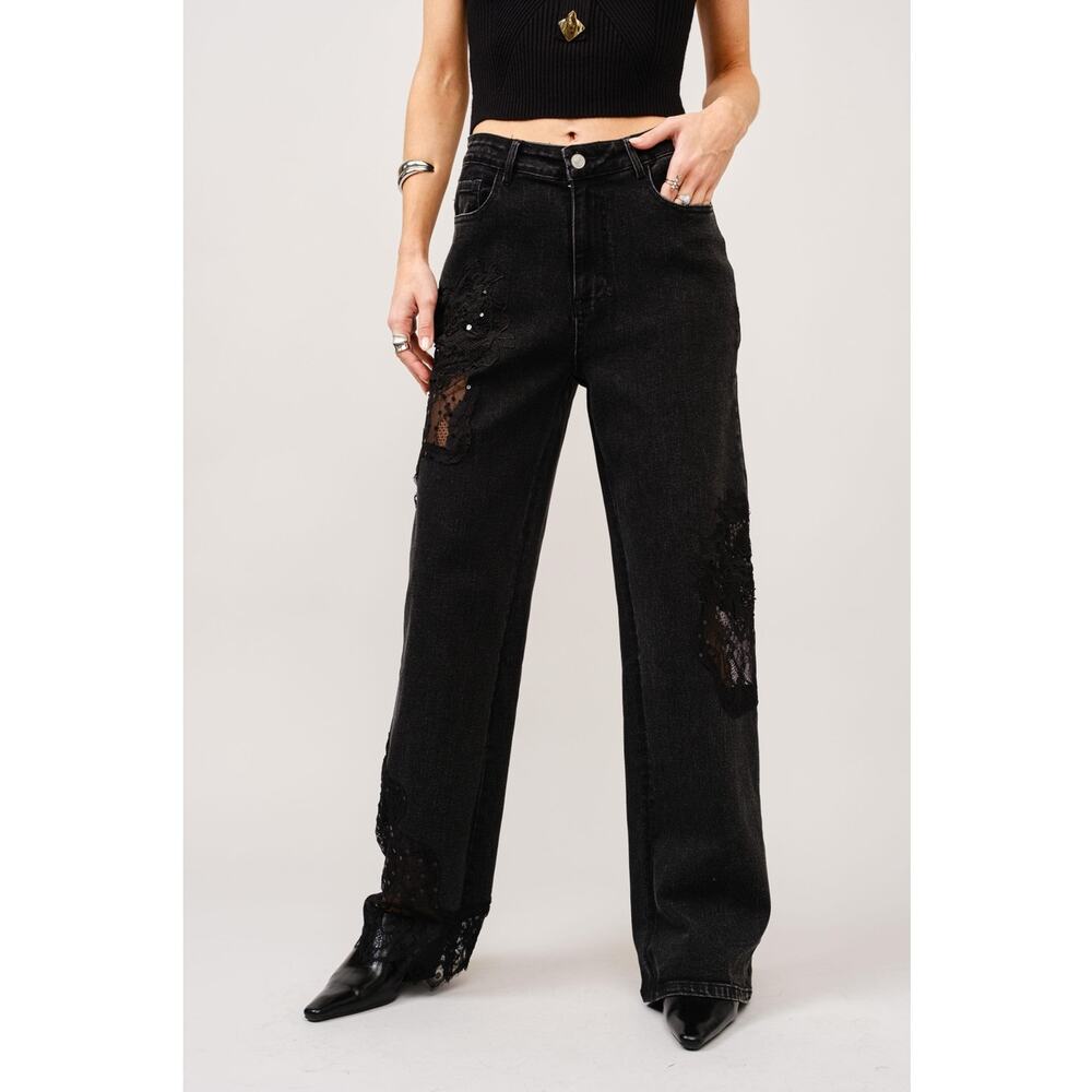 Blue B Size Small Black Lace Patchwork Straight Leg Jeans